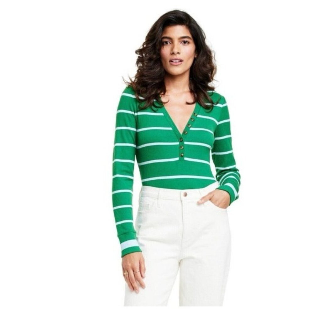 LA LIGNE Target Green Light Blue‎ Striped LS V-Neck Button-Front Bodysuit MEDIUM